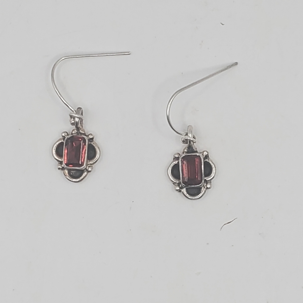 Solid Sterling Silver Genuine Garnet Dangle Earri… - image 3